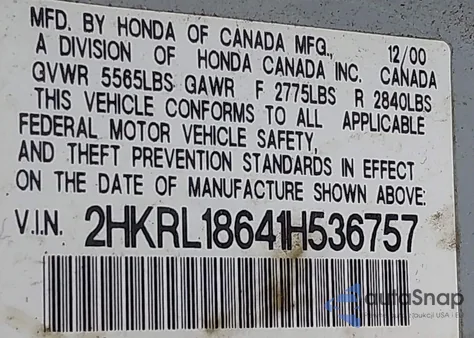 2001 Honda Odyssey Ex из США, поврежденный, VIN 2HKRL18641H536757